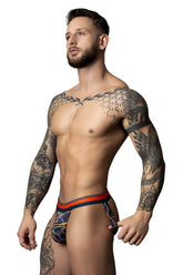 Men’s briefs blue and red patterned with geometric design male power 349-299 soo cumfy jock navy orange