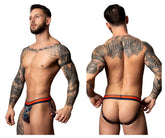 Men’s black and orange Male Power 349-299 Soo Cumfy Jock briefs with geometric pattern in navy and orange colors