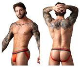 Male power 349-299 soo cumfy jockstrap in orange with navy blue stripes and a snug athletic fit