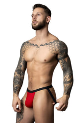 Male power 349-300 hot mesh jock athletic briefs in black and red with bold modern design and breathable mesh material