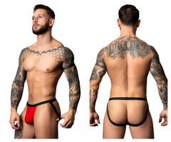 Male power 349-300 hot mesh jock in black and red features a sleek minimalist red and black thong design