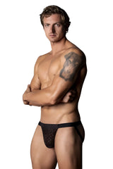 Male power 353-296 widow maker classic jock in black with black lace mesh briefs and solid waistband visible from front