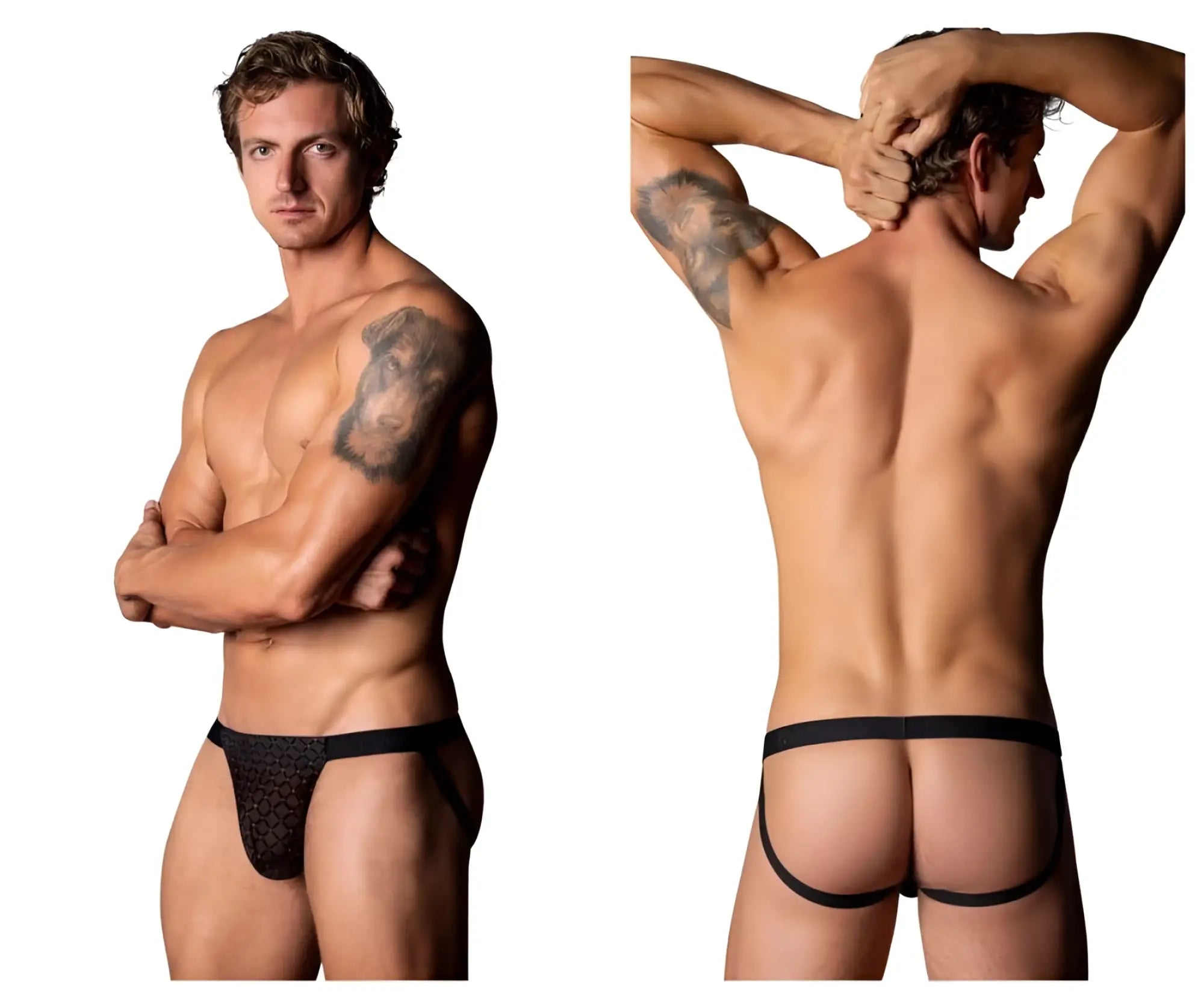 Male power 353-296 widow maker classic jock black lace briefs with solid black waistband and leg openings