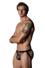 Male power 386-291 love star jock black lace thong with star pattern and adjustable straps shown from the back