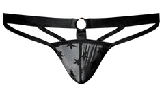 Male power 386-291 love star jock black mesh thong with star pattern and central metal ring front view