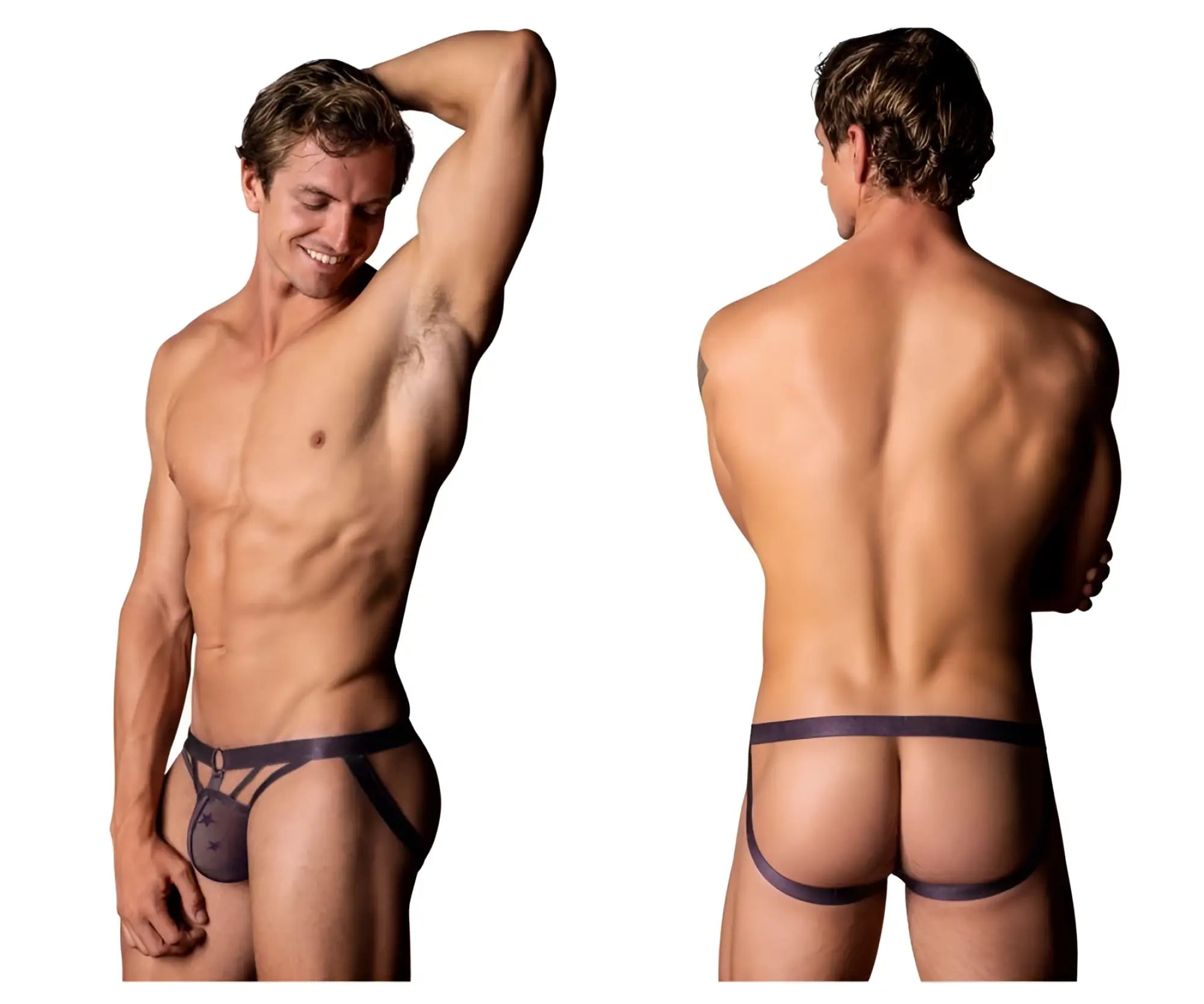 Male power 386-291 love star jock in purple featuring black sheer mesh briefs with solid waistband and front pouch detail
