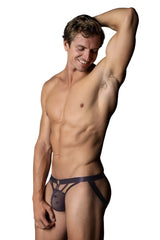 Black sheer mesh thong with star design and purple ring from male power love star jock collection front view