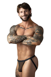 Male power 388-11c fishnet 2 jockstrap in black features black mesh briefs with a solid black waistband front view