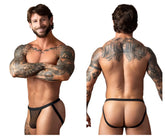 Male Power 388-11C fishnet jockstrap in black with black mesh briefs solid waistband and leg straps visible front side