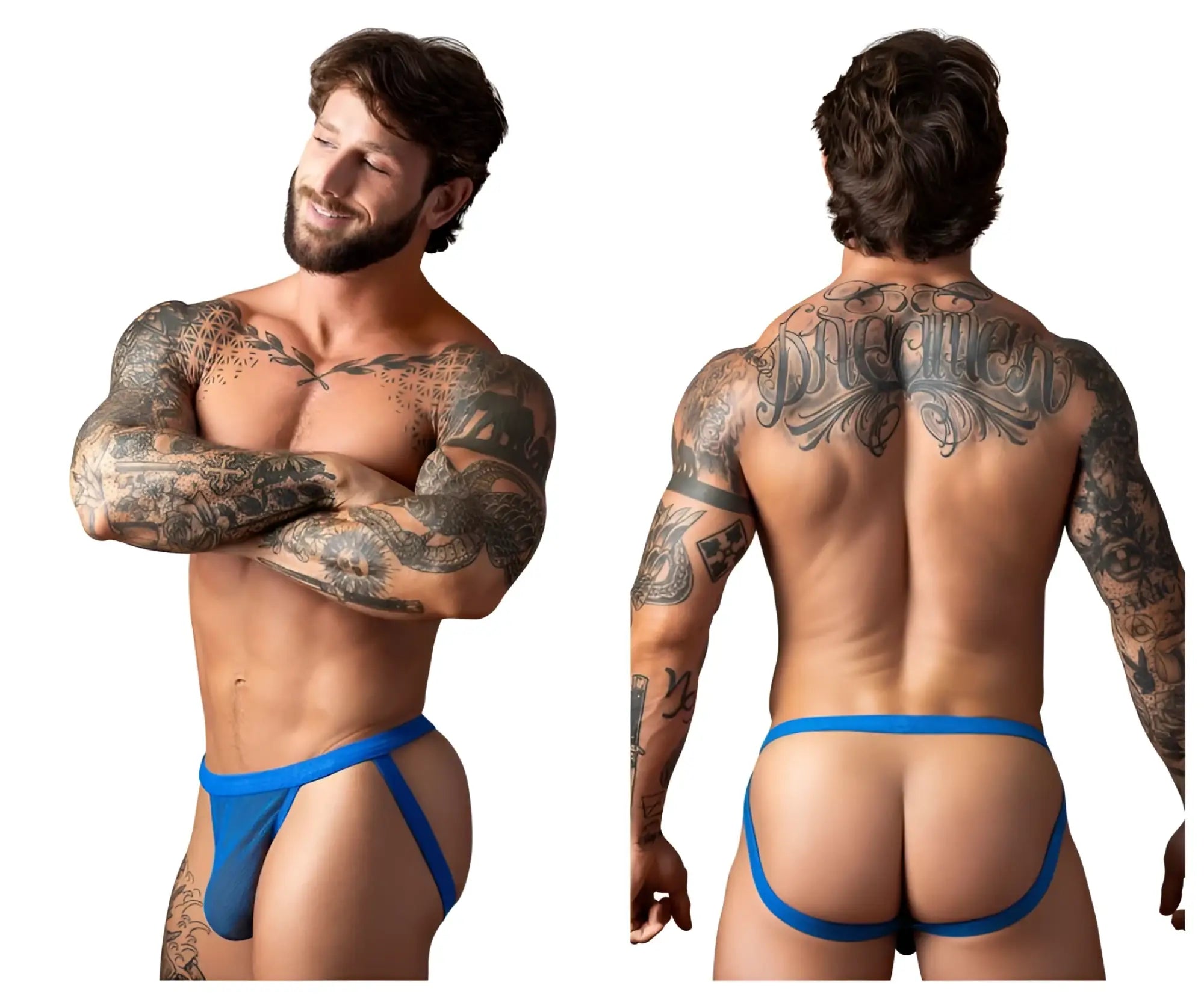 Male power 388-11c fishnet 2 jockstrap in royal blue with thin side straps and supportive contoured design showing back side