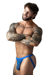 Male Power 388-11C fishnet royal blue mesh briefs with thin side straps showing the front design