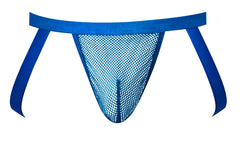 Blue mesh thong male power 388-11c fishnet 2 jockstrap with solid royal blue waistband and side straps
