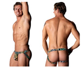 Men’s patterned briefs by male power with bold abstract black green and gold design in multi animal color scheme