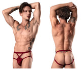 Male power 394-289 lucifer strappy jock burgundy red lace thong with crisscross front straps and back strap shown from the back