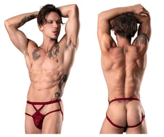 Male power 394-289 lucifer strappy jock burgundy red lace thong with crisscross front straps and back strap shown from the back