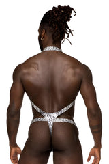 Black and white snake-print thong with halter-style back from Male Power 404-282 S-naked shoulder sling harness in silver-black