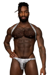 Male power 404-282 silver black snake-patterned halter style briefs with sleek fitted design