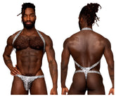 Silver and black snake-patterned men’s thong with halter-style straps from male power shoulder sling harness collection