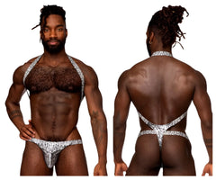 Silver and black snake-patterned men’s thong with halter-style straps from male power shoulder sling harness collection