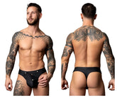 Black thong with silver button closures from male power 410-298 oh snap snap off thong in black, front view