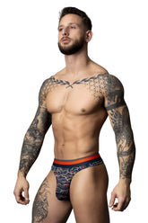 Blue patterned male power soo cumfy thong with orange and navy trim designed for comfortable wear