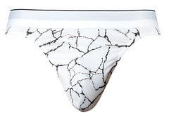 Male power 412-299 soo cumfy thong in white with black cracked marble pattern and solid white waistband front view