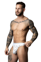 Male power 412-299 soo cumfy thong white briefs with black crackle pattern for comfortable male wear