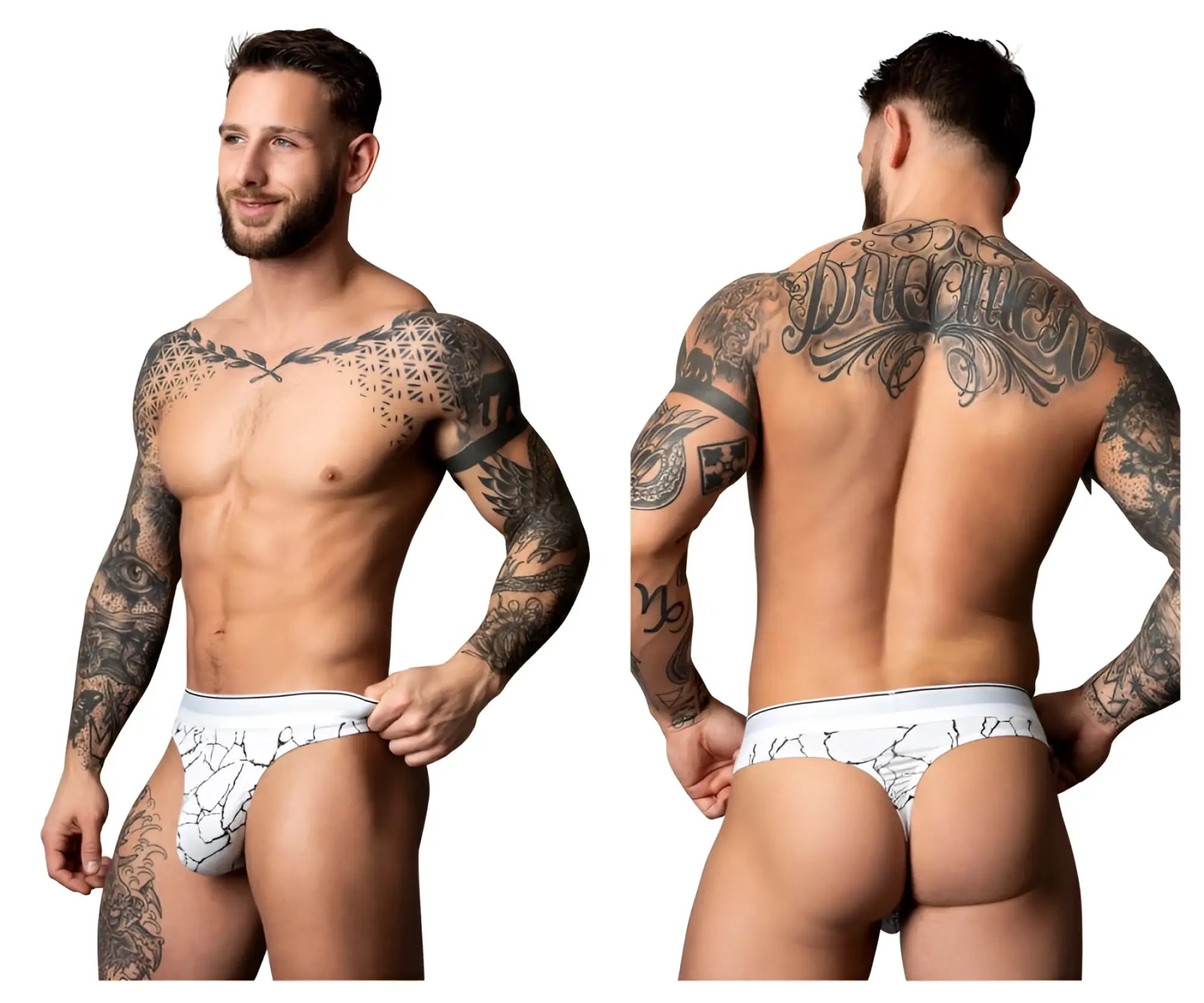 White-black male power 412-299 soo cumfy thong white briefs with black crackle pattern design front view