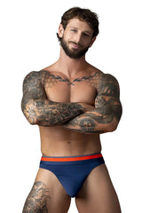 Male power 412-299 soo cumfy thongs navy blue briefs with red and white striped waistband front view
