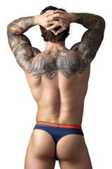 Navy blue male power 412-299 soo cumfy thong with red and white striped waistband shown from the back side