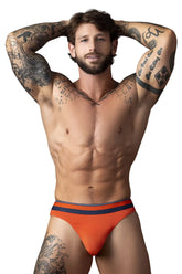 Male power 412-299 soo cumfy orange briefs with navy blue striped waistband for comfortable daily wear