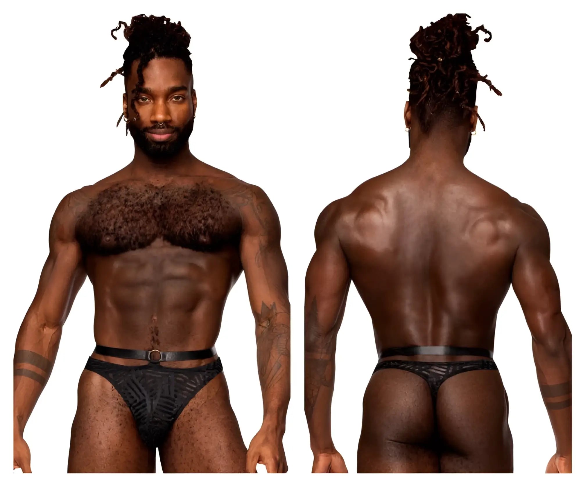Male power 415-284 rude awakening strap thong in black with black patterned briefs and matching belt
