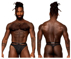 Male power 415-284 rude awakening strap thong in black with black patterned briefs and matching belt