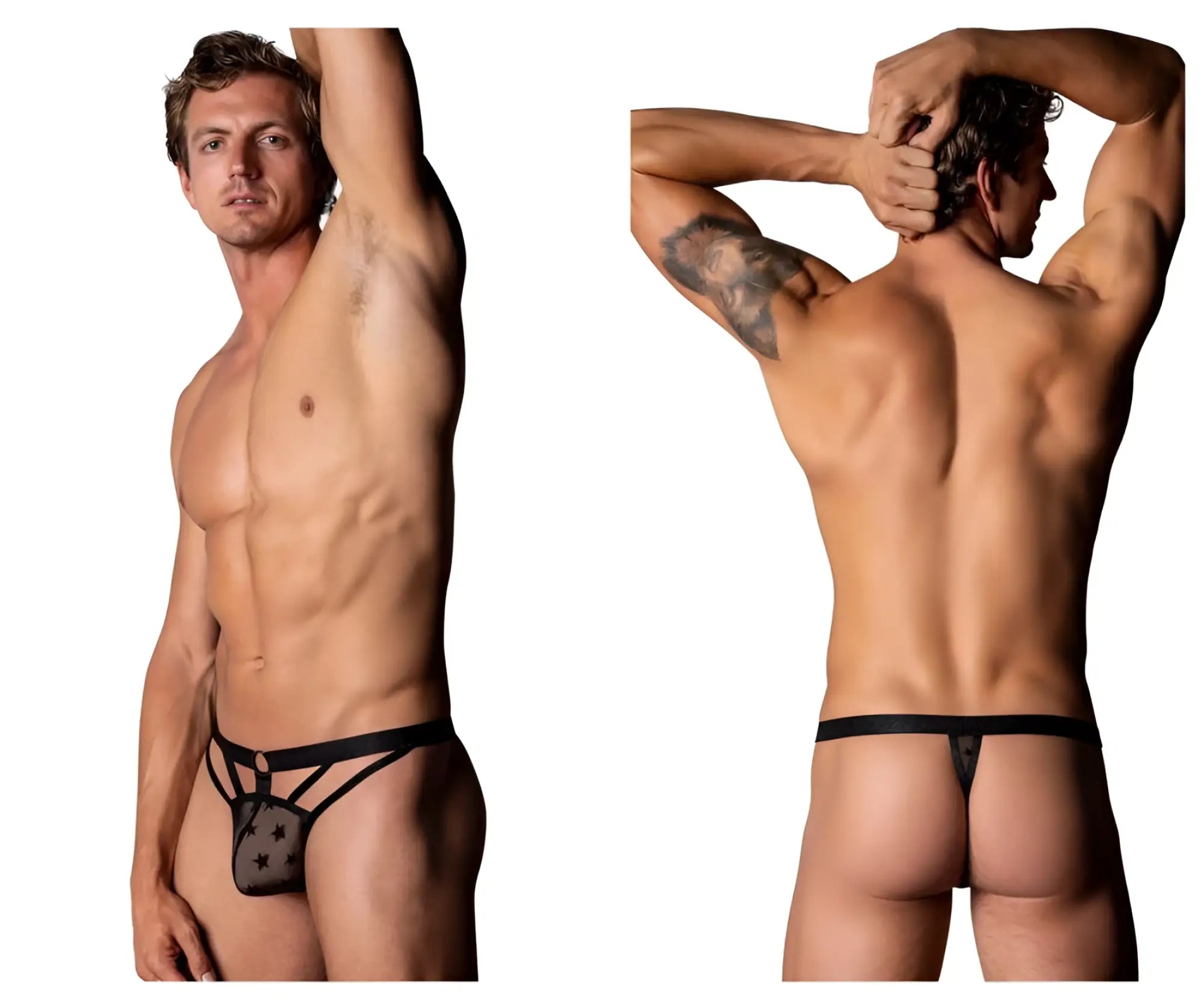 Black lace male power 416-291 love star thong with star pattern and supportive straps in black color