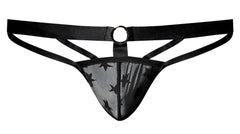 Male power 416-291 love star thong with ring featuring black mesh fabric star pattern and central metal ring