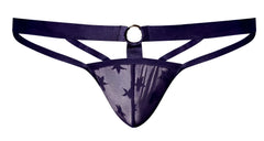 Dark purple male power love star mesh thong with star pattern and circular metal ring shown from the back