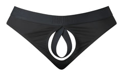 Black male power 417-304 open ended thong briefs with a bold white teardrop logo on front elastic cock ring design