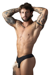 Male power 417-304 black open front elastic cock ring thong with snug fit and smooth fabric front view