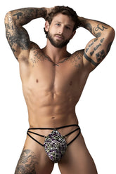 Male power 419-303 gridlocked black and purple geometric patterned fabric briefs with thong straps and rings