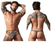 Black and white patterned male power 419-303 gridlocked thong with textured woven design and straps with rings