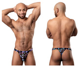 Male power 433-294 hazy dayz micro thong in black with vibrant purple blue and pink butterfly pattern front view