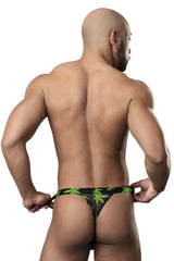 Black micro thong with green cannabis leaf pattern by male power from the hazy dayz collection shown from the back