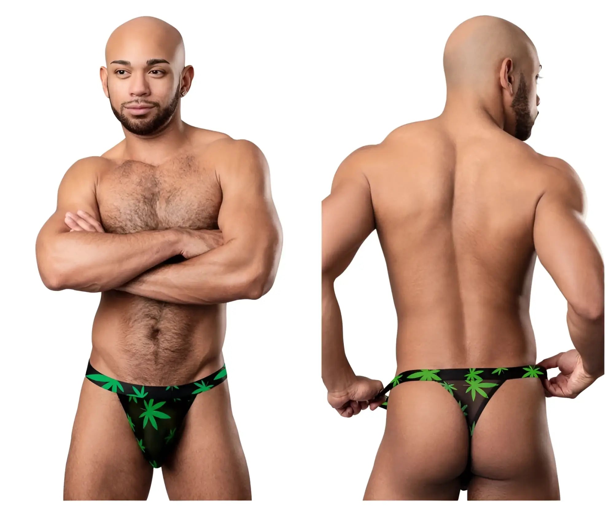 Black male power 433-294 hazy dayz micro thong with green pot leaf pattern front view