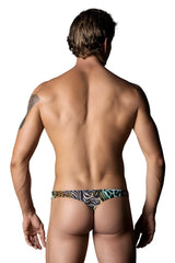 A man wearing colorful patterned briefs with zebra and leopard prints from male power 439-295 go wild thong