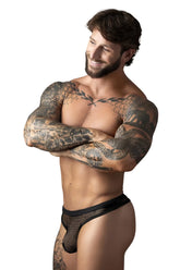 Black mesh fishnet thong with solid black waistband by Male Power shown from the back side