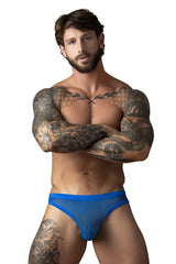 Blue mesh fishnet male power 441-11c thong briefs in royal color showing front view