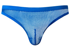 Blue mesh male power 441-11c fishnet thong with solid royal blue waistband and leg openings front view