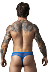Male power 441-11c fishnet 2 bong thong in royal blue mesh with a solid blue waistband shown from the back side