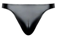 Male power 442-301 liquid onyx 2.0 black glossy latex thong with a sleek form-fitting design shown from the back