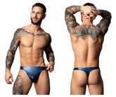 Male power 442-301 liquid onyx 2.0 bong thong in blue shiny material showing the front side of briefs